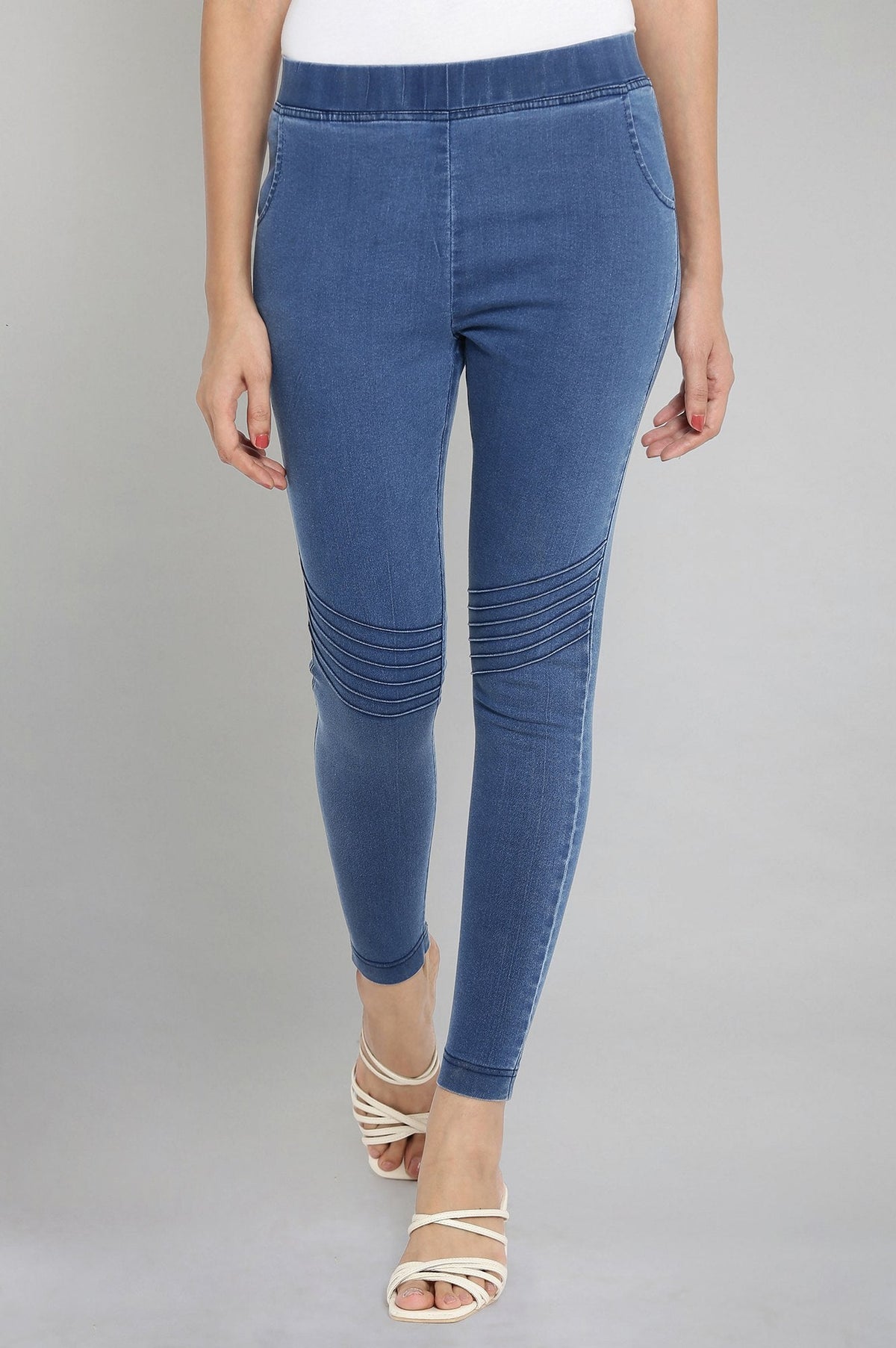 Ice Blue Solid Slim-fit Denim Jeggings with Elasticated Waist - S