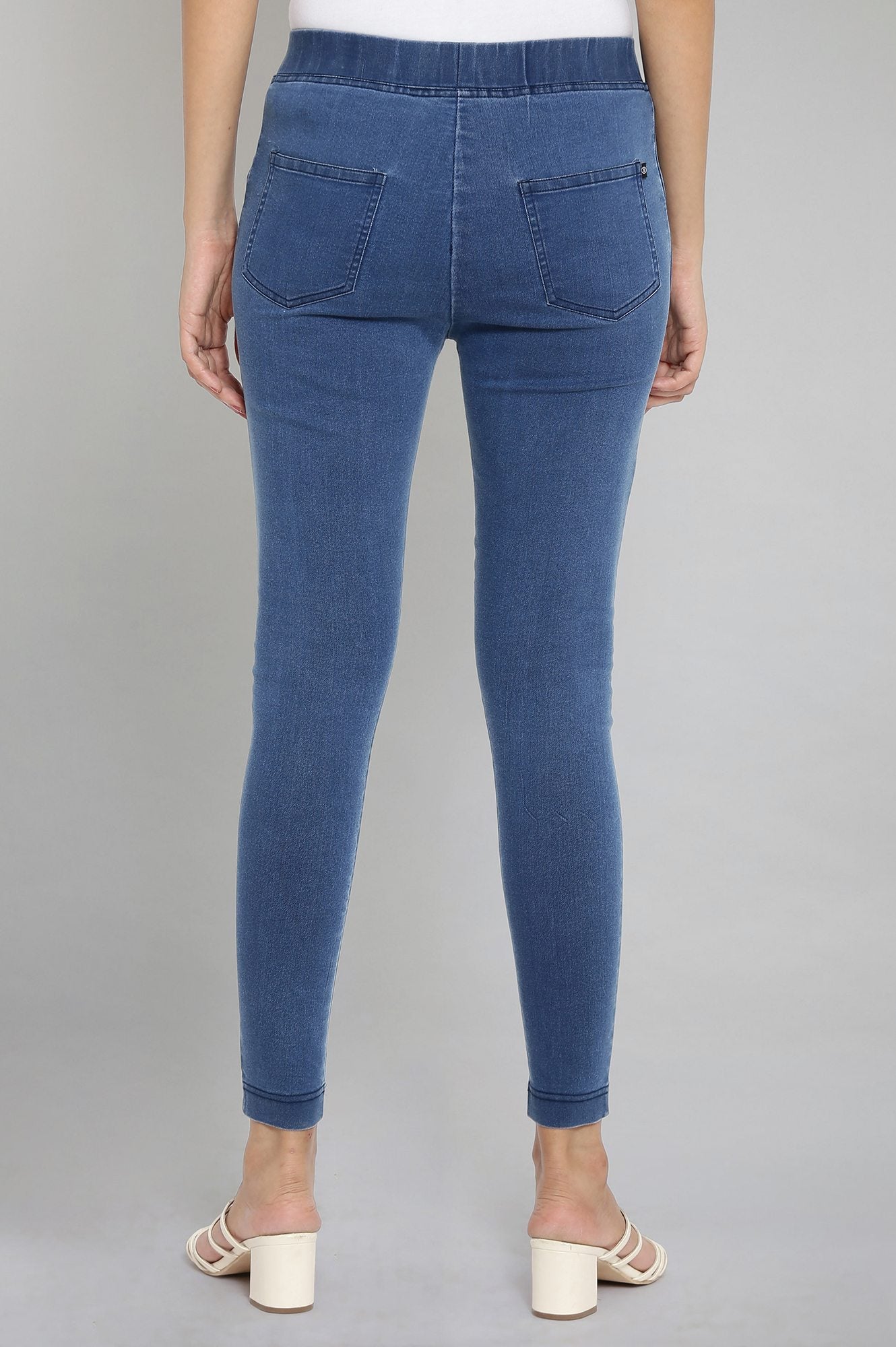 Ice Blue Solid Slim-fit Denim Jeggings with Elasticated Waist