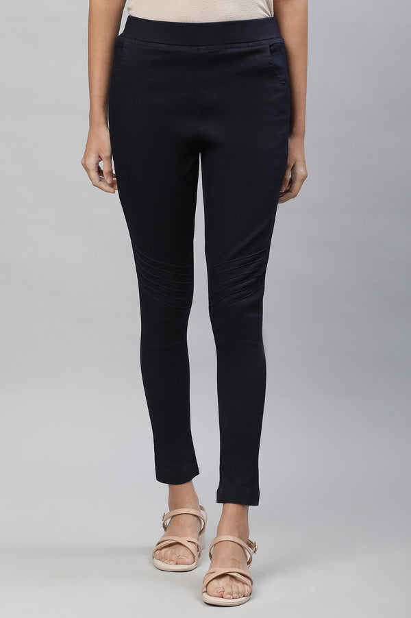 Navy Blue Solid Slim Fit Denim Jeggings With Pintuck Detail