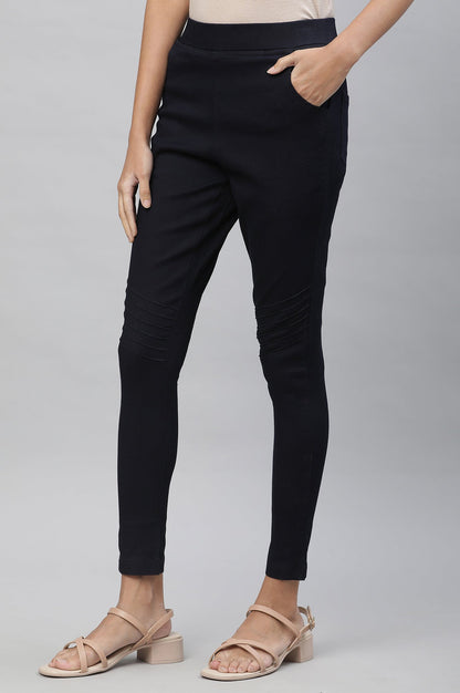 Navy Blue Solid Slim Fit Denim Jeggings With Pintuck Detail