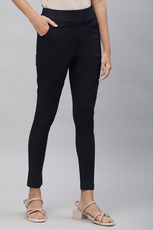 Navy Blue Solid Slim Fit Denim Jeggings With Pintuck Detail