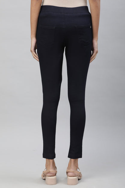 Navy Blue Solid Slim Fit Denim Jeggings With Pintuck Detail