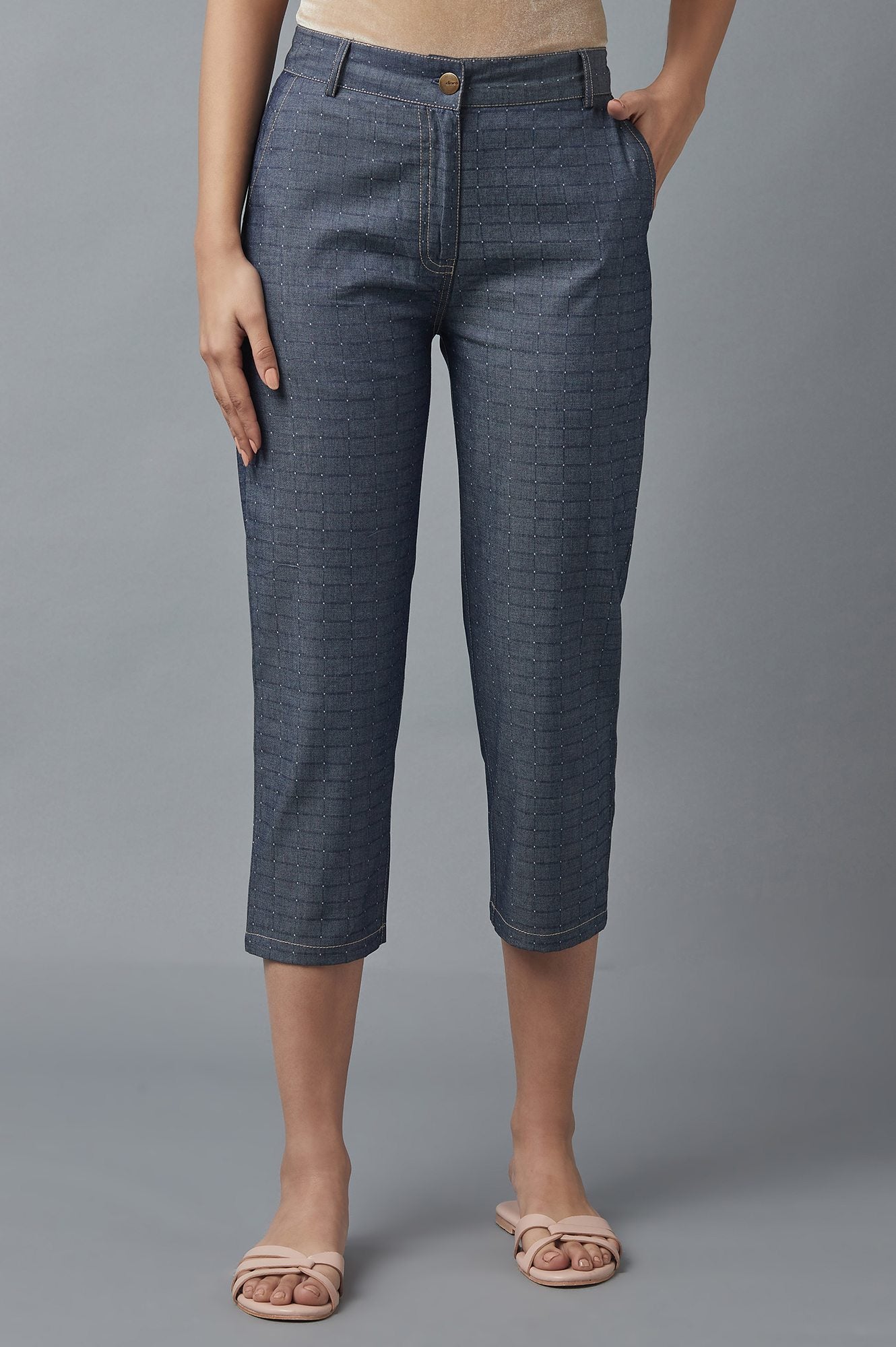 Blue Polka Dots Straight Fit Denim Culottes With Front Zip