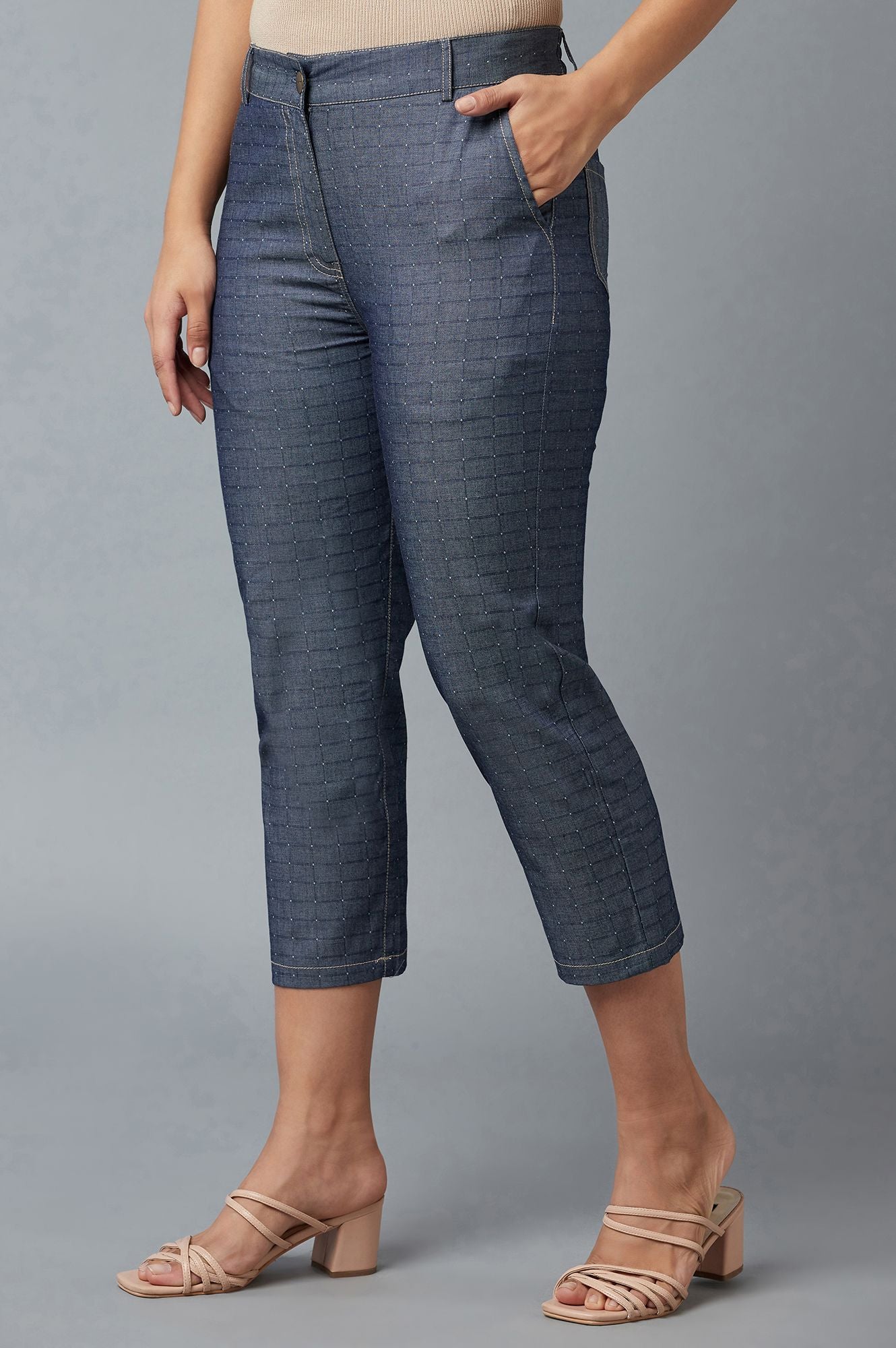 Blue Polka Dots Straight Fit Denim Culottes With Front Zip