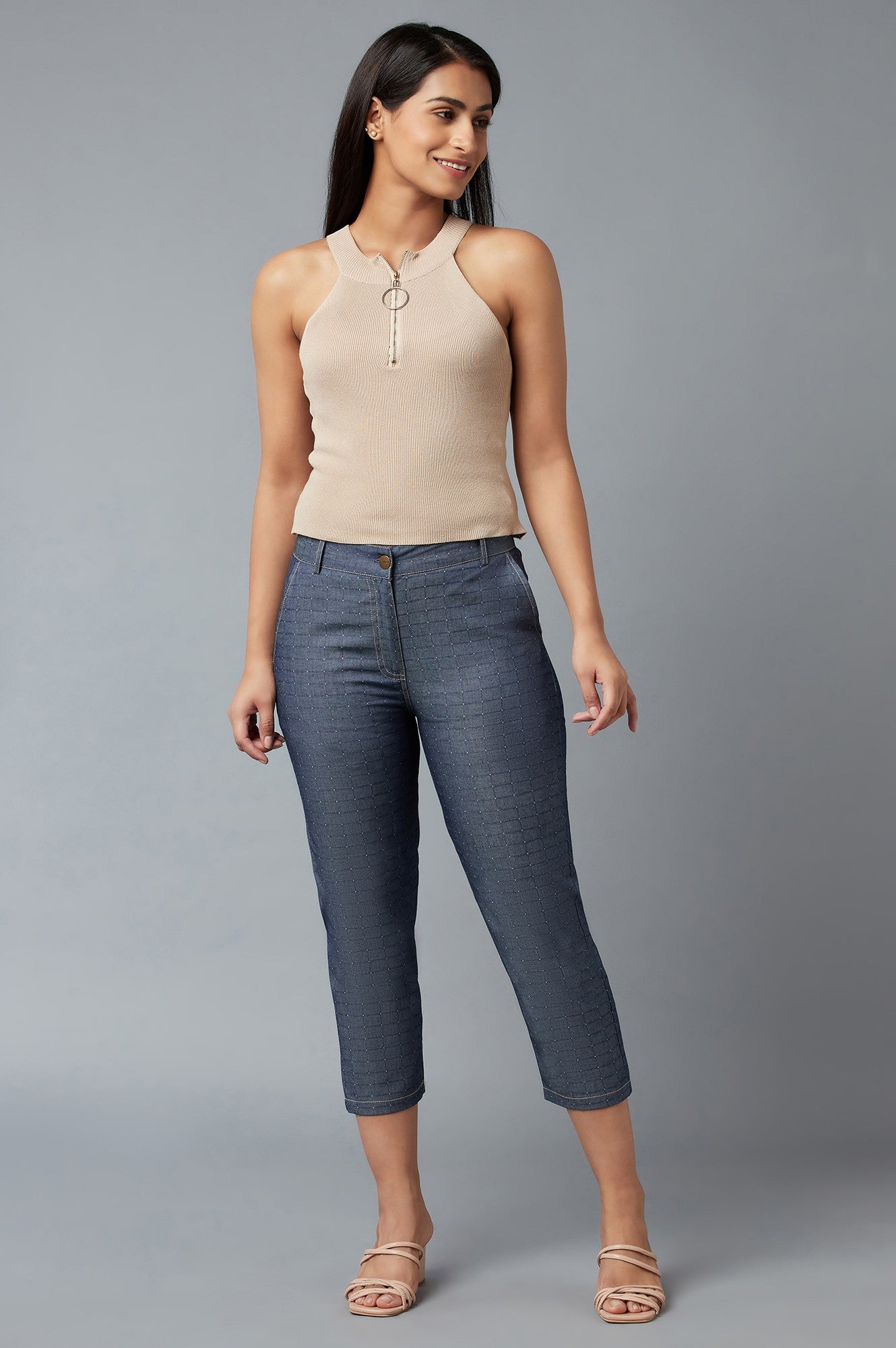 Blue Polka Dots Straight Fit Denim Culottes With Front Zip