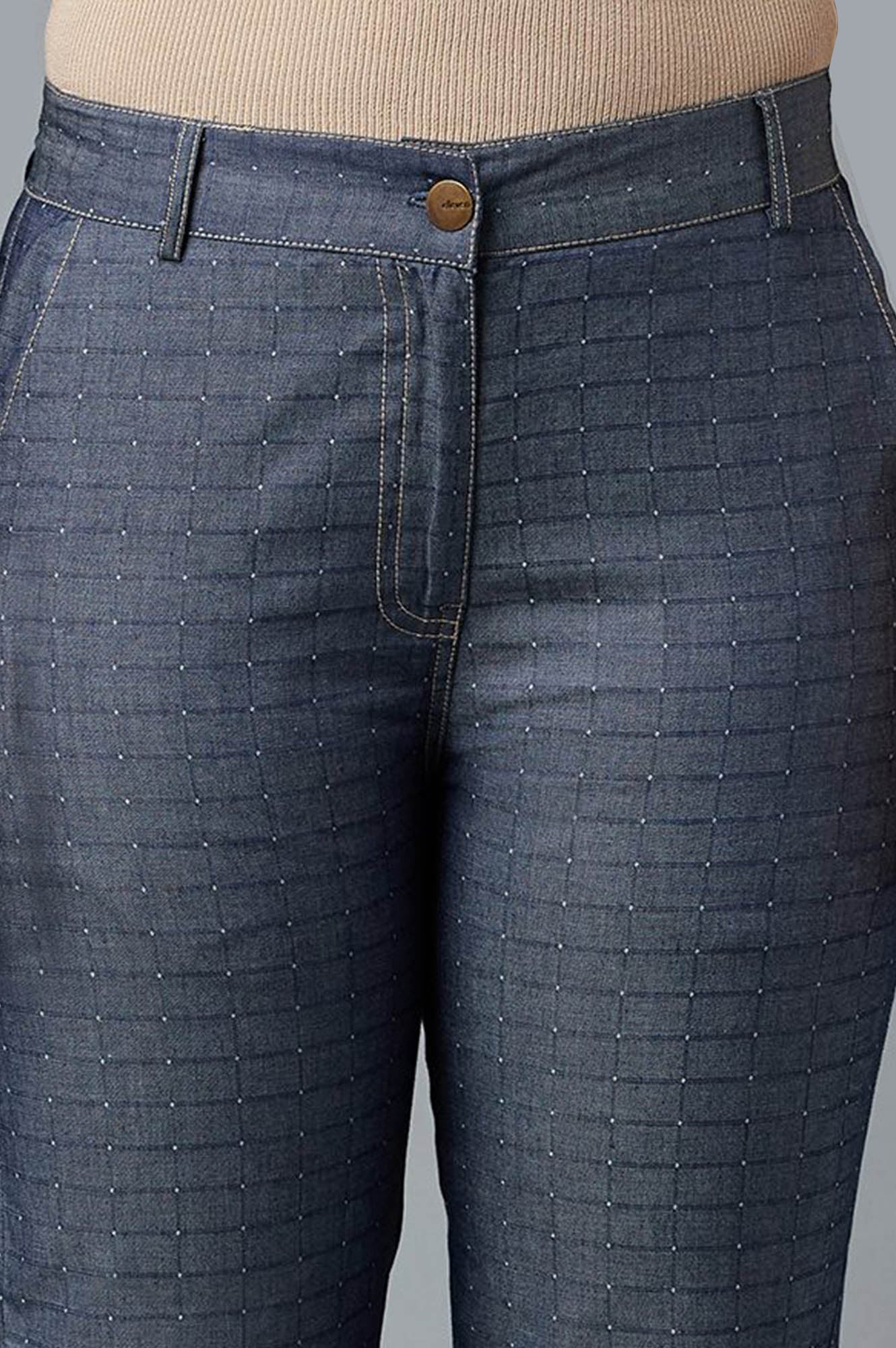 Blue Polka Dots Straight Fit Denim Culottes With Front Zip