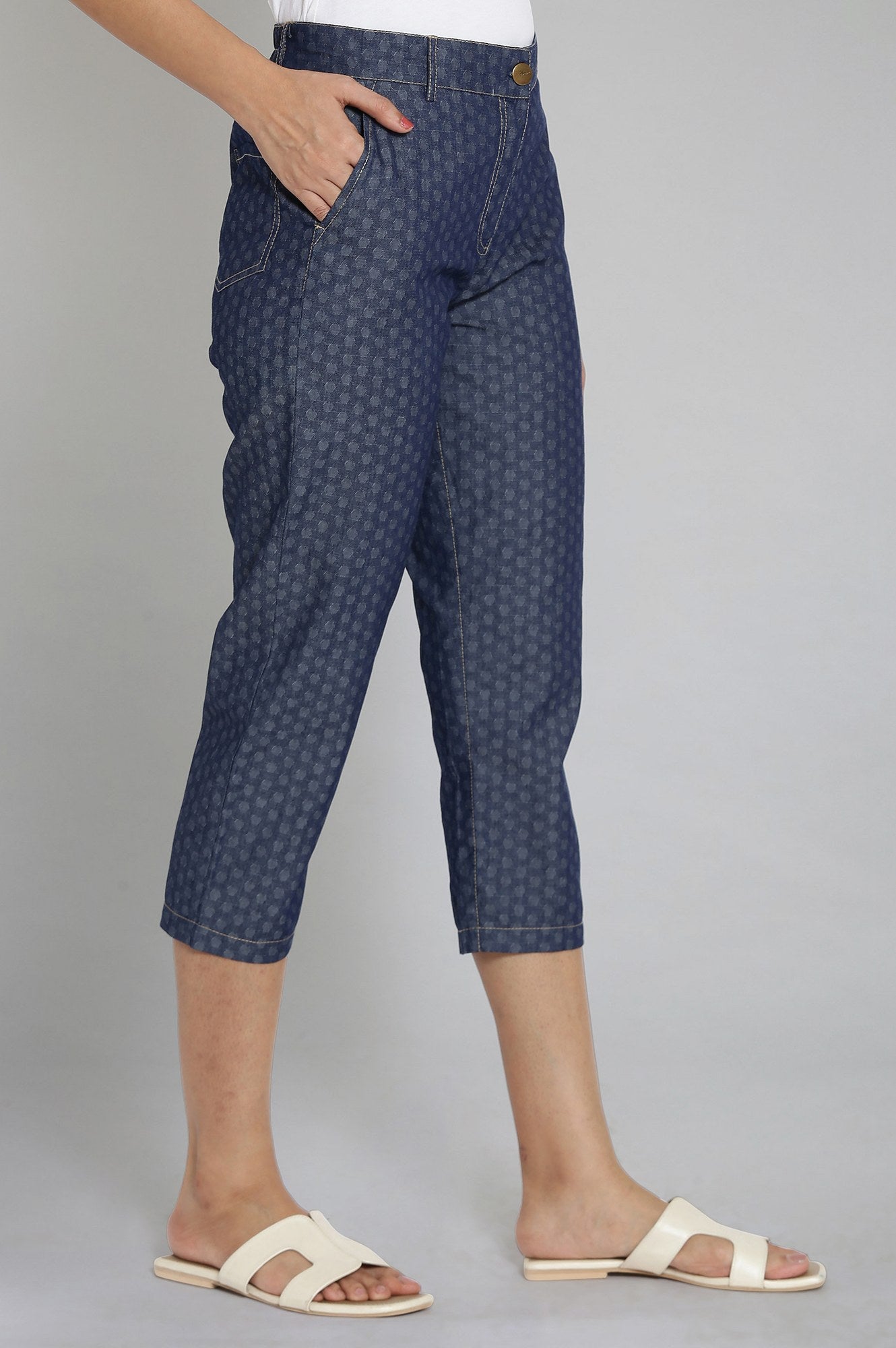 Blue Polka Dots Wide Leg Denim Culottes With Elasticated Waist