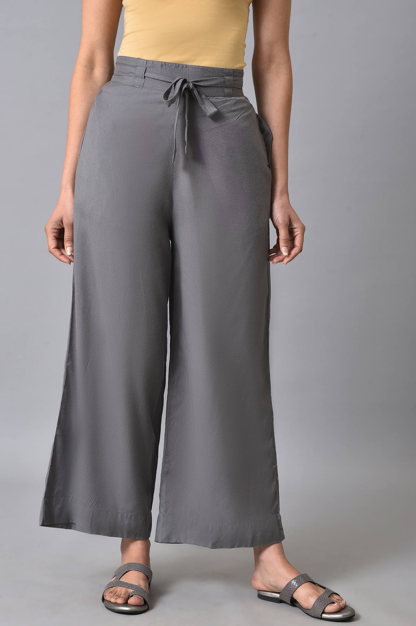 Grey Solid Flared Cotton Palazzo With Elasticated Waist