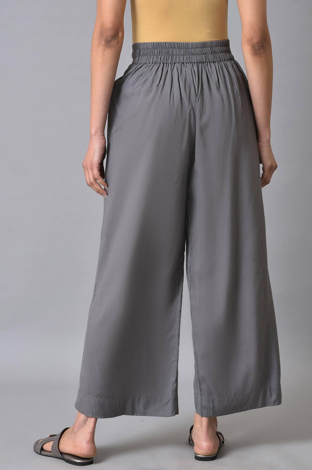 Grey Solid Flared Cotton Palazzo With Elasticated Waist