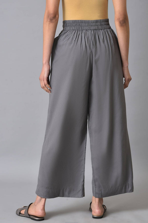 Grey Solid Flared Cotton Palazzo With Elasticated Waist
