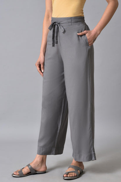 Grey Solid Flared Cotton Palazzo With Elasticated Waist