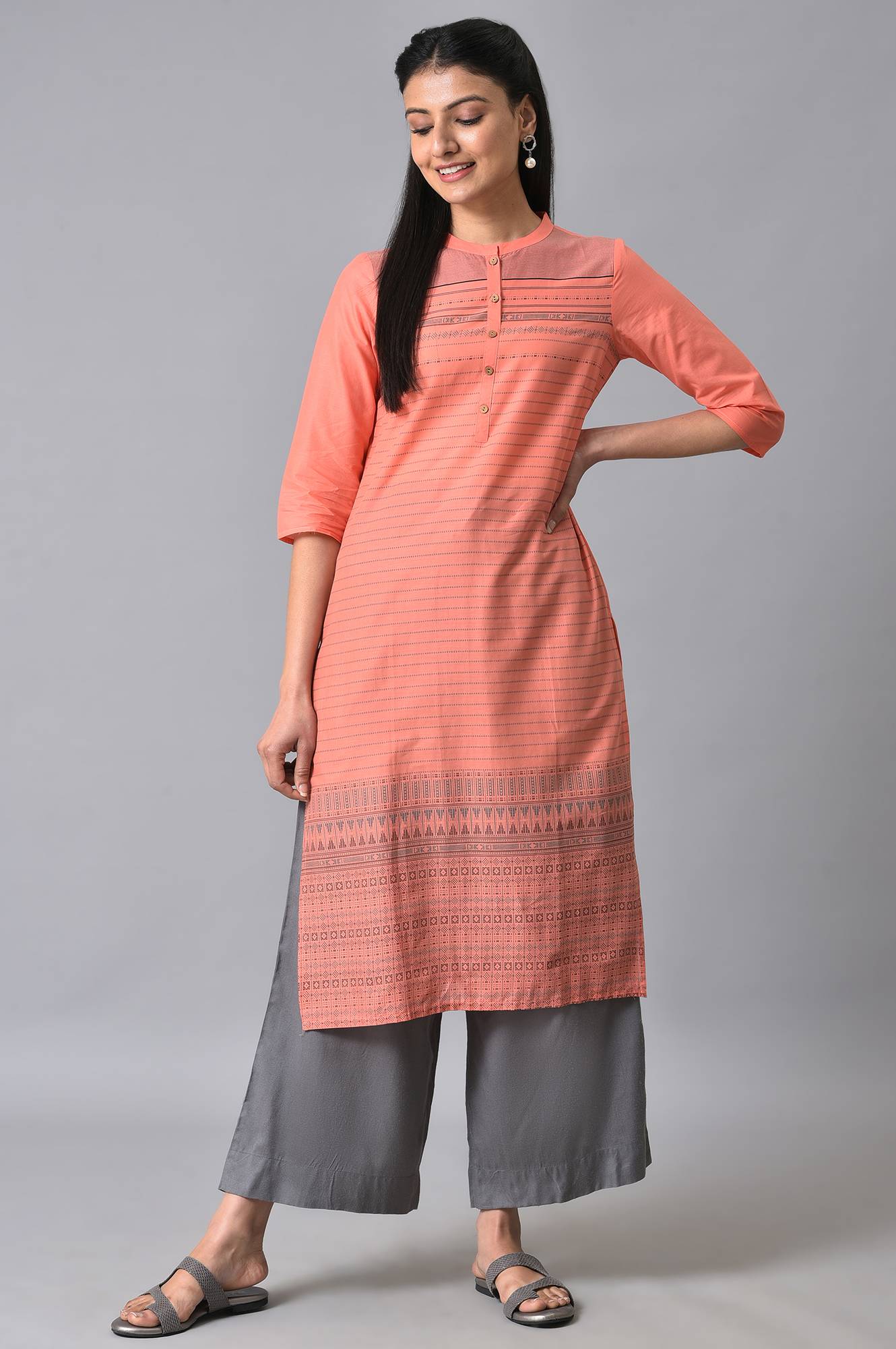 Grey Solid Flared Cotton Palazzo With Elasticated Waist