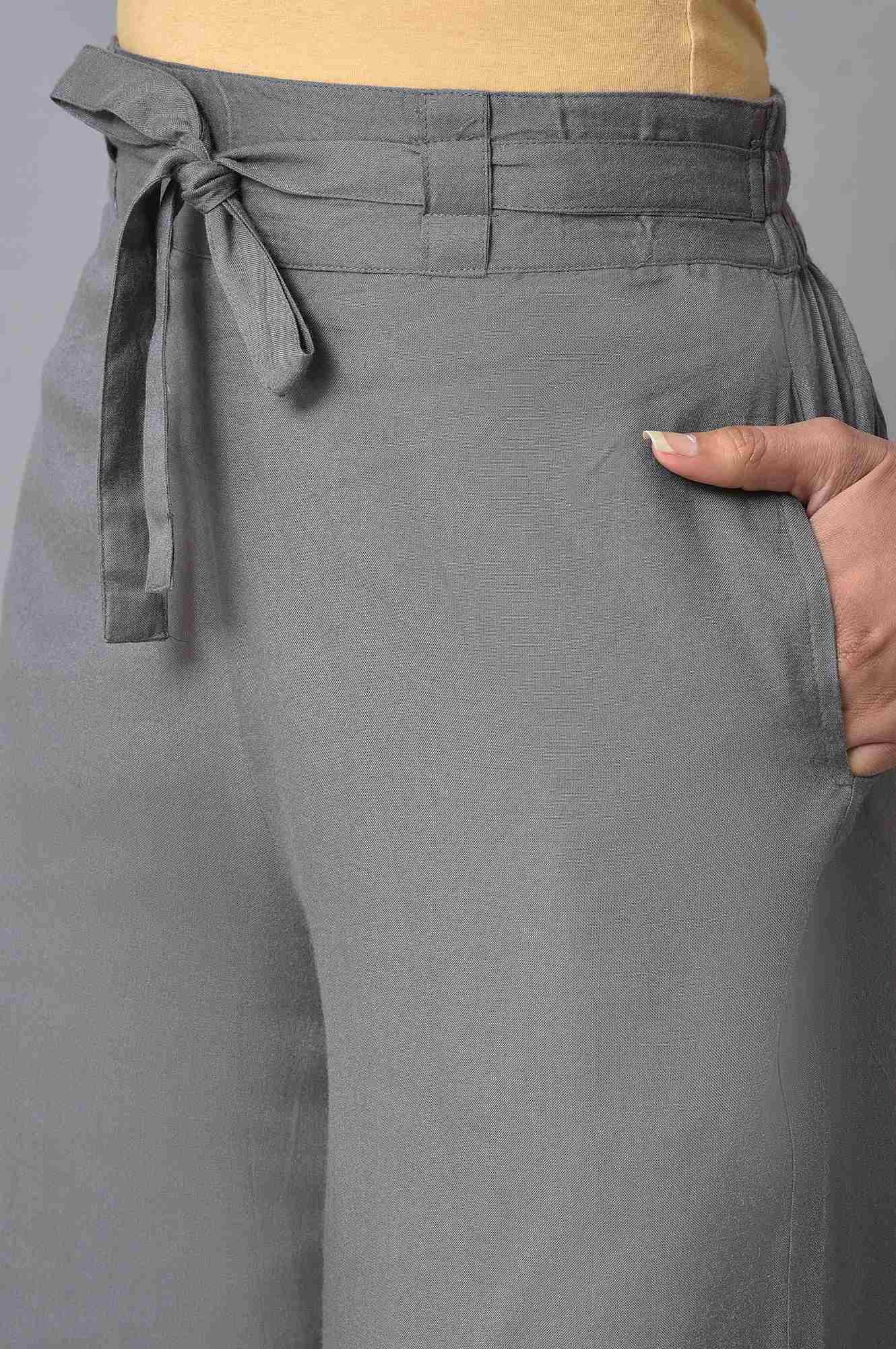 Grey Solid Flared Cotton Palazzo With Elasticated Waist