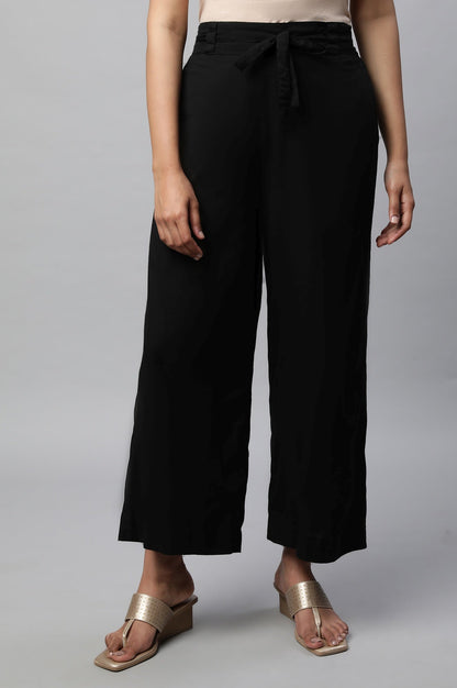 Black Solid Flared Cotton Palazzo With Elasticated Waist