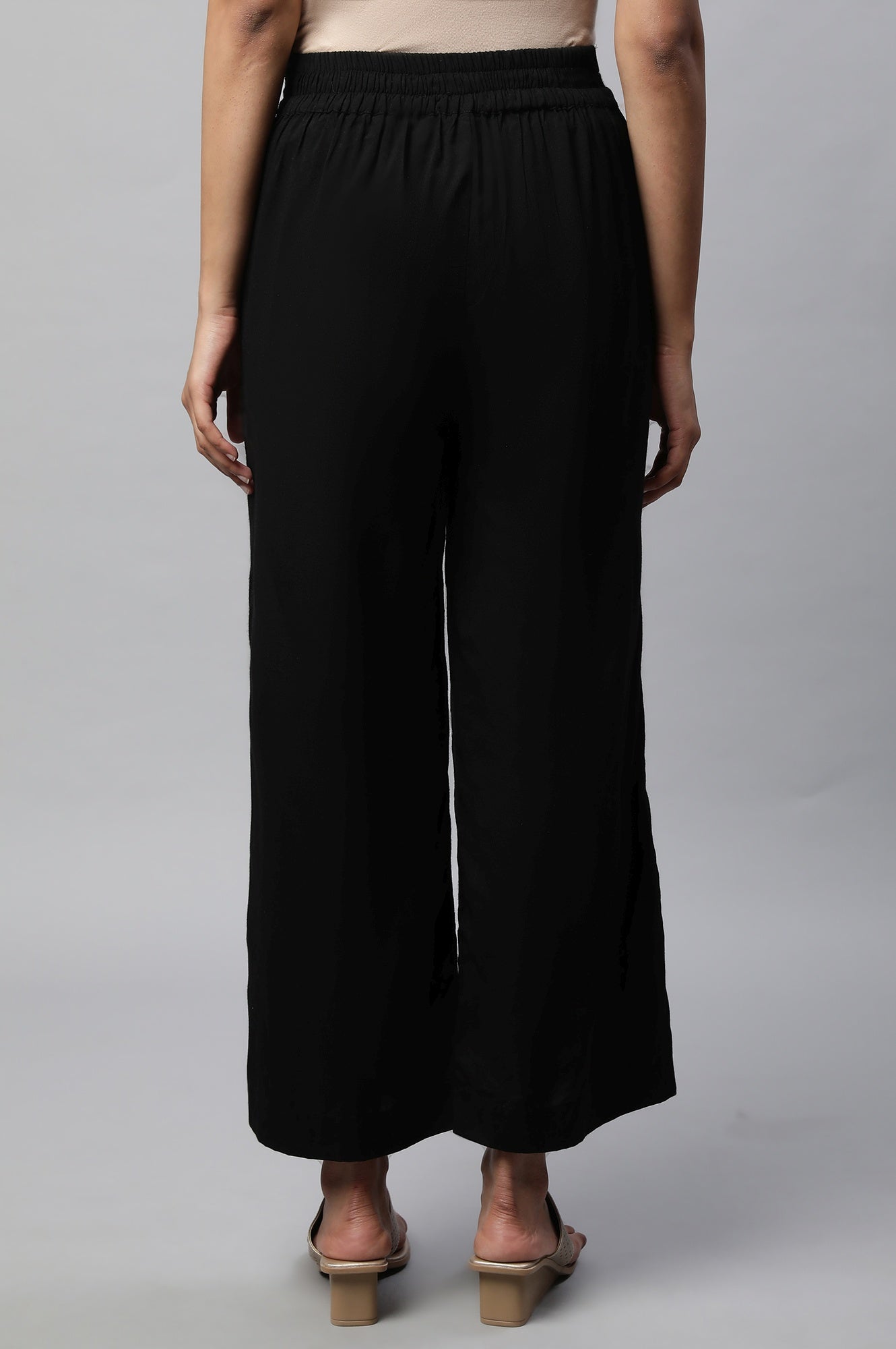 Black Solid Flared Cotton Palazzo With Elasticated Waist
