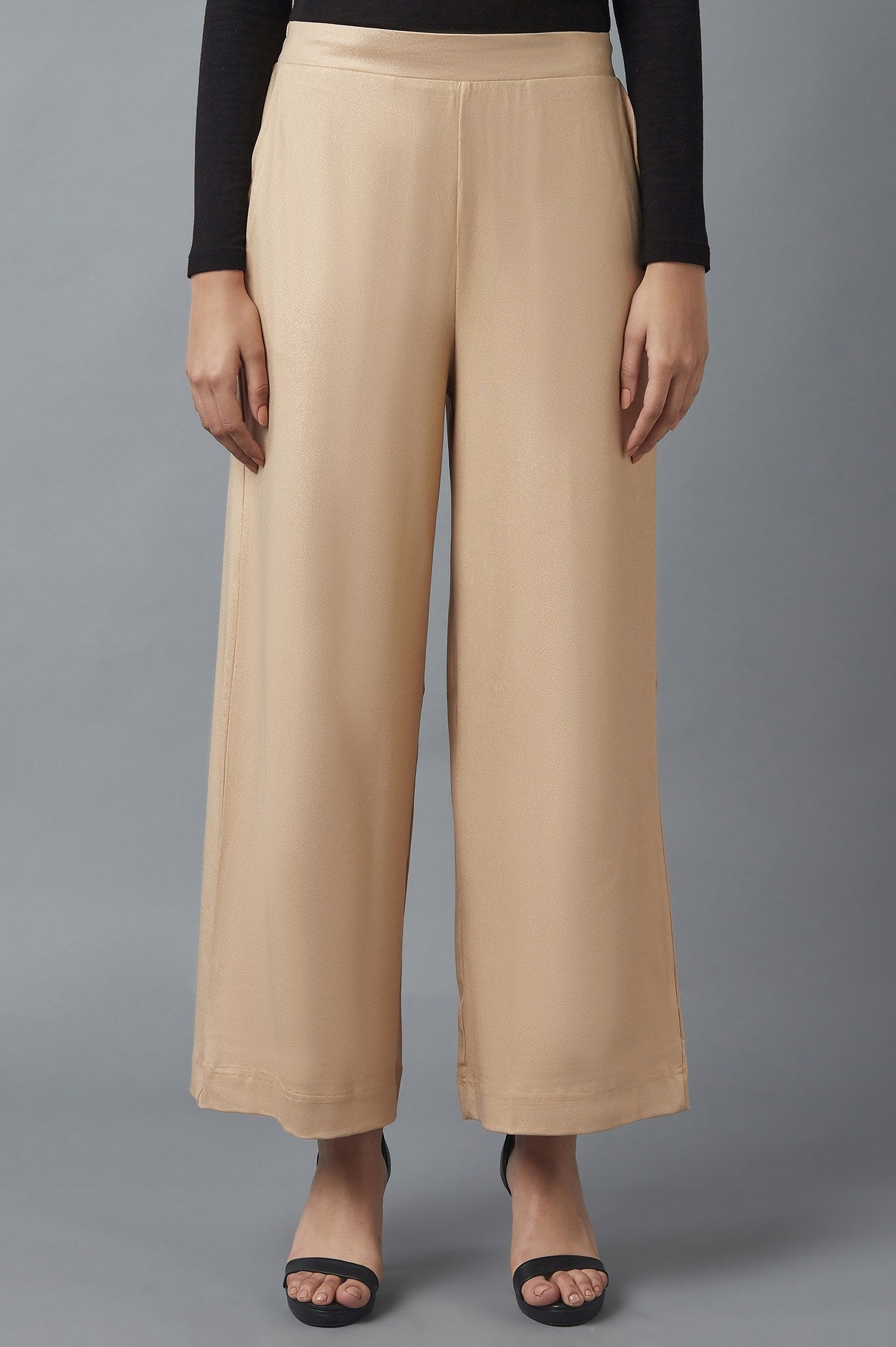 Rose Gold Solid Straight Fit Cotton Palazzo With Side Pockets