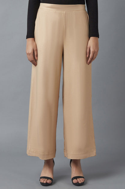 Rose Gold Solid Straight Fit Cotton Palazzo With Side Pockets