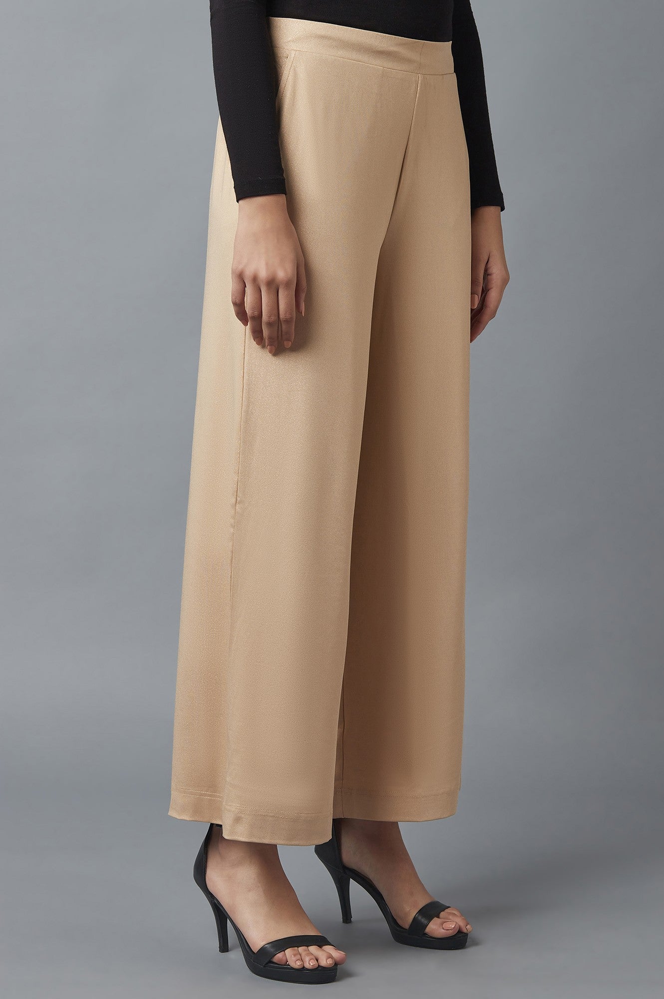 Rose Gold Solid Straight Fit Cotton Palazzo With Side Pockets