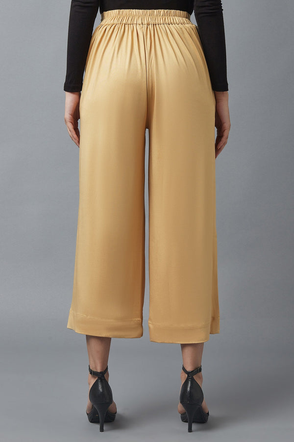 Gold Solid Straight Fit Cotton Palazzo With Side Pockets