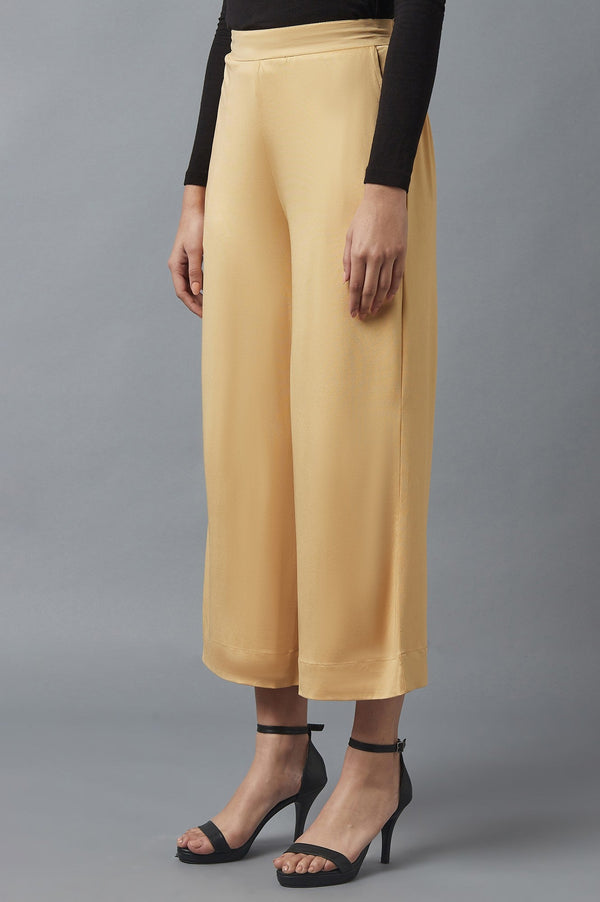 Gold Solid Straight Fit Cotton Palazzo With Side Pockets