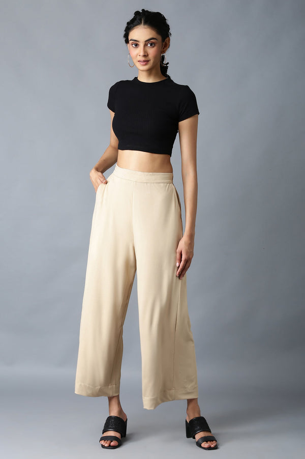 Gold Solid Straight Fit Palazzo With Side Pockets