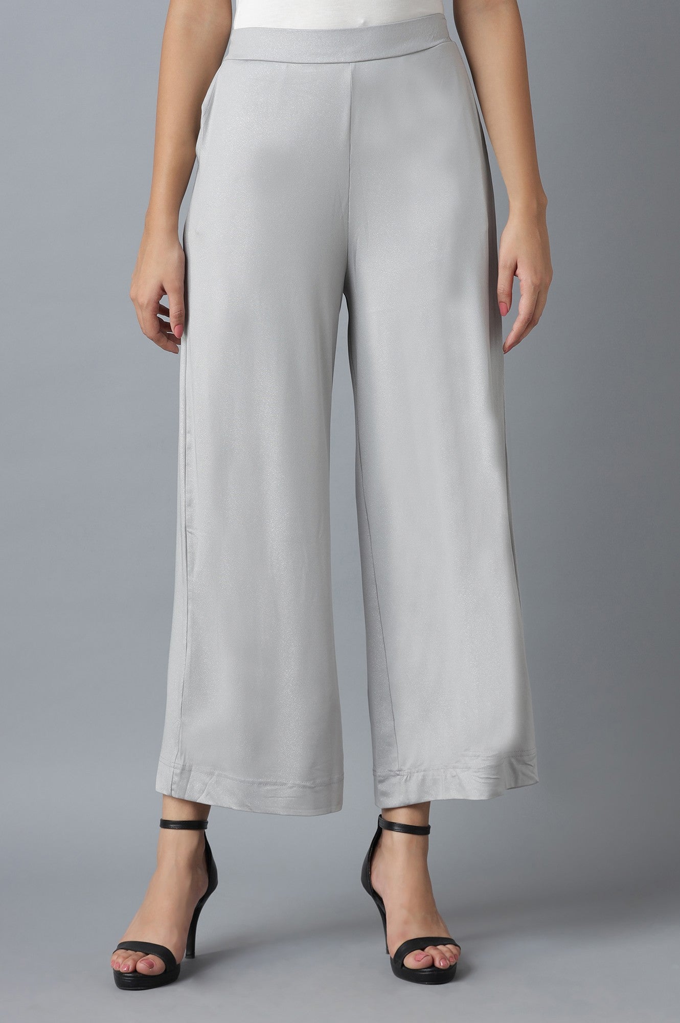 Silver Solid Straight Fit Cotton Palazzo With Elasticated Waistband
