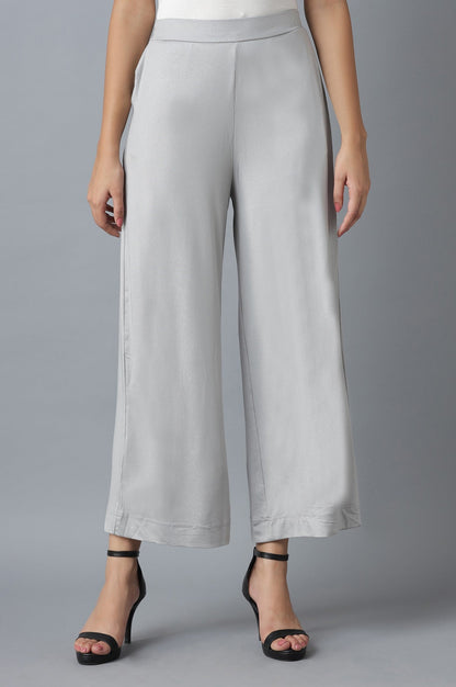 Silver Solid Straight Fit Cotton Palazzo With Elasticated Waistband