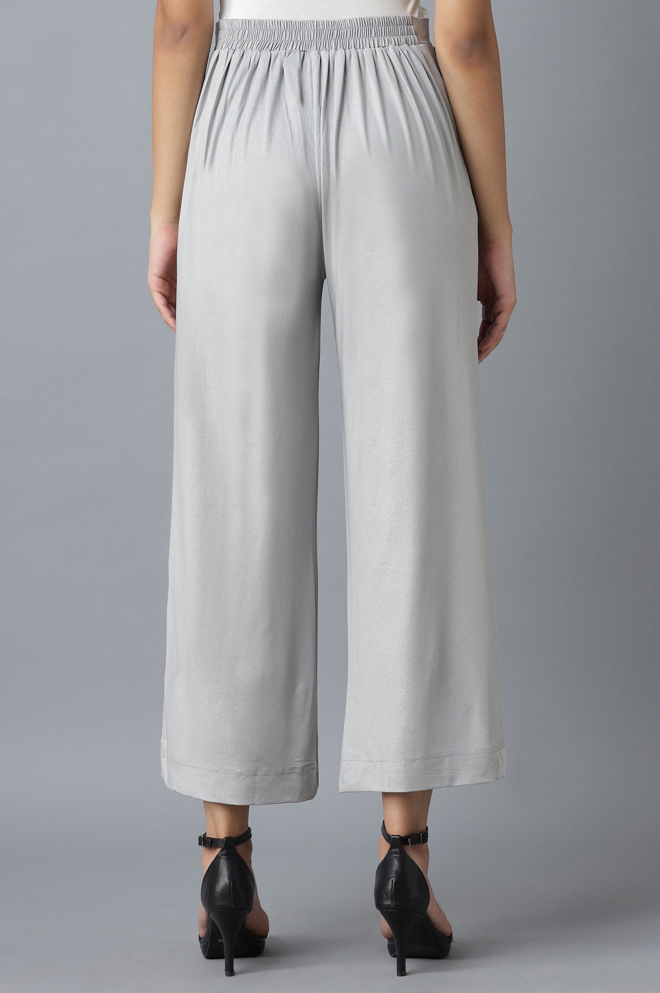Silver Solid Straight Fit Cotton Palazzo With Elasticated Waistband