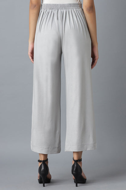 Silver Solid Straight Fit Cotton Palazzo With Elasticated Waistband