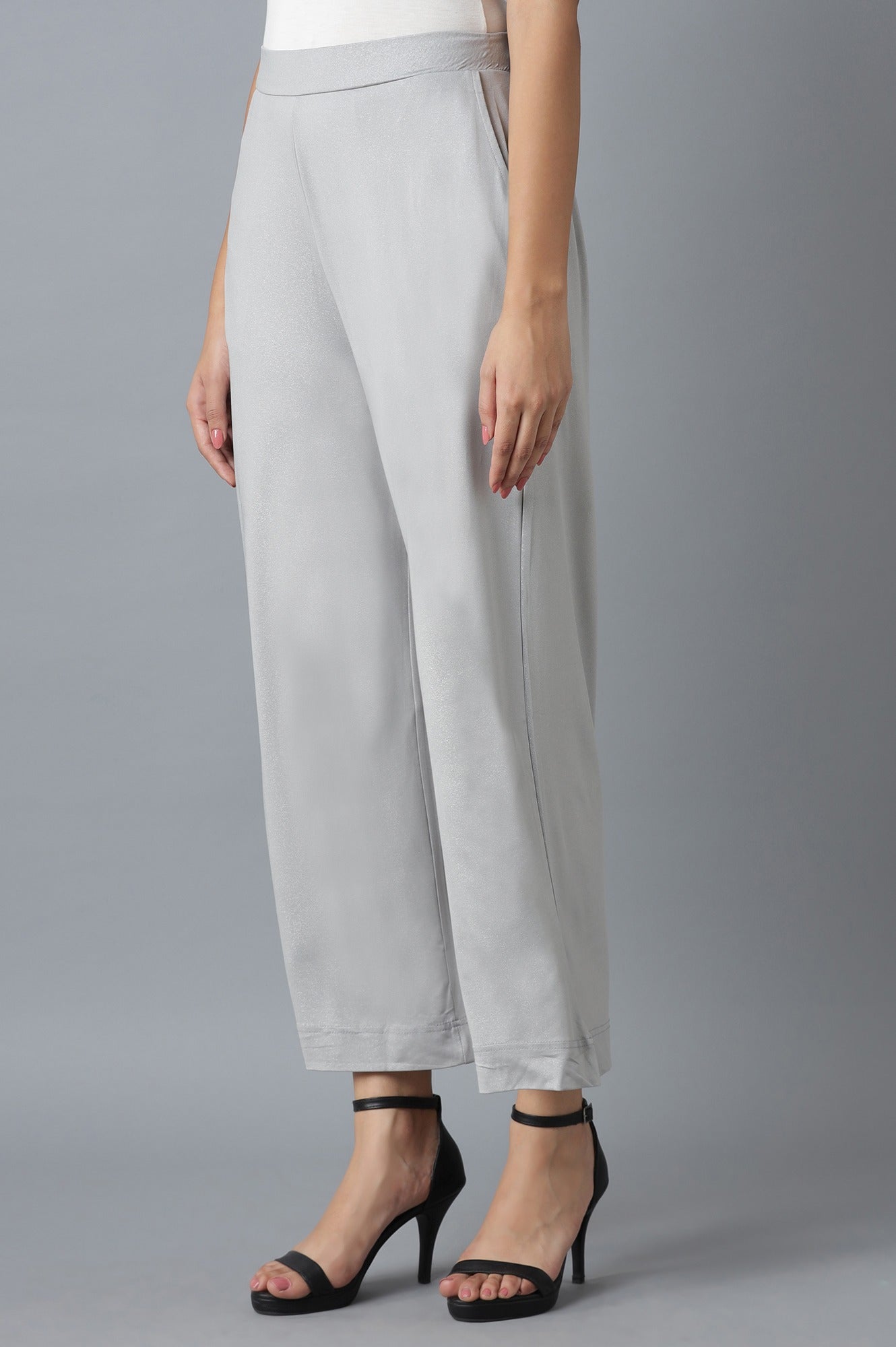 Silver Solid Straight Fit Cotton Palazzo With Elasticated Waistband