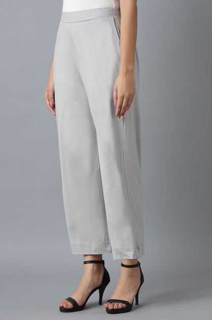 Silver Solid Straight Fit Cotton Palazzo With Elasticated Waistband