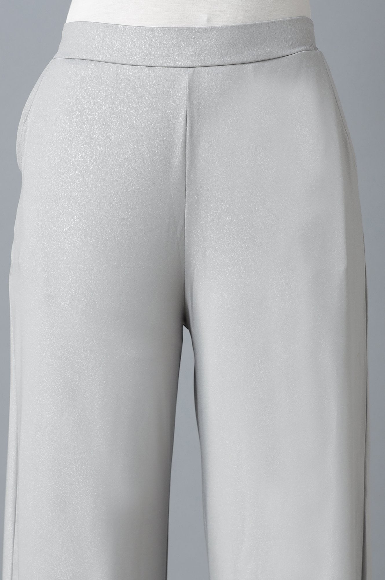 Silver Solid Straight Fit Cotton Palazzo With Elasticated Waistband