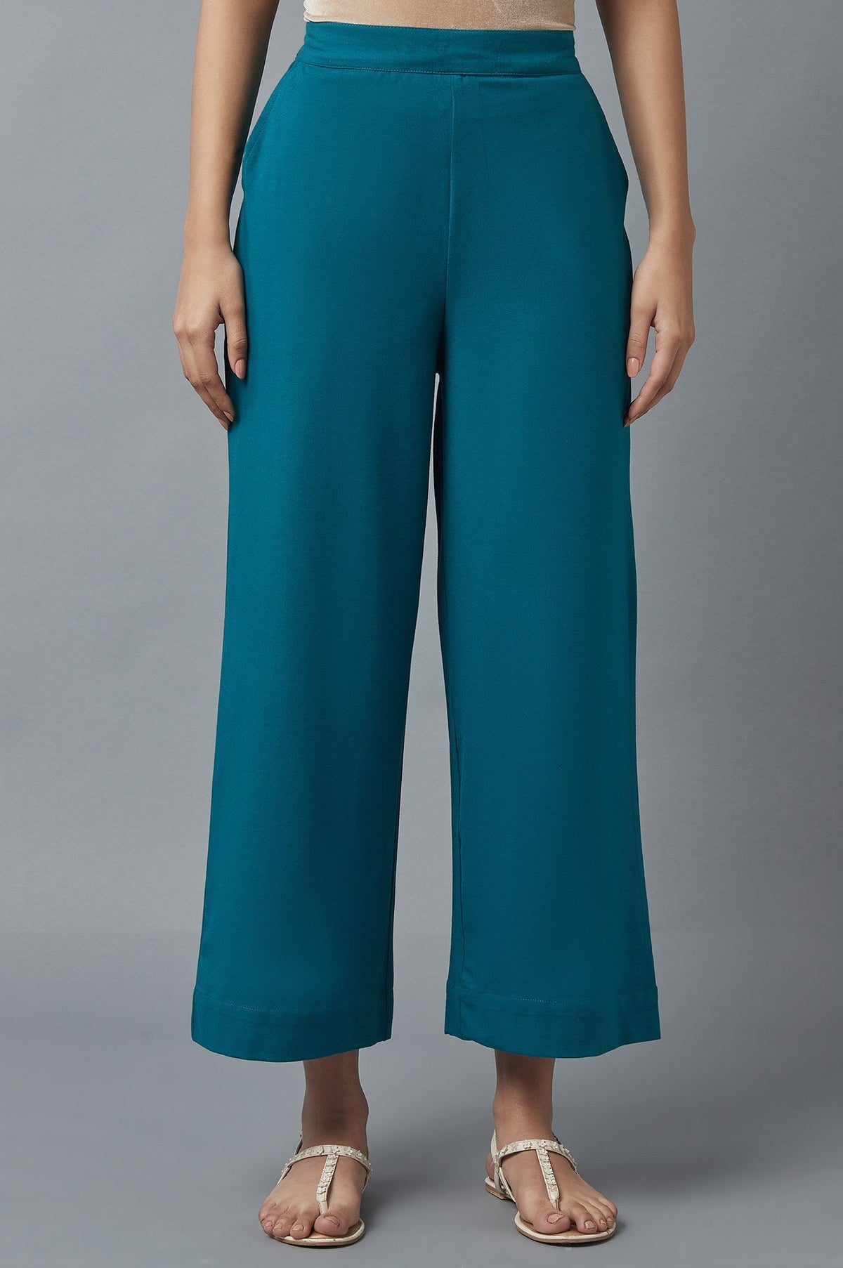 Teal Green Solid Straight-fit Cotton Palazzo with Side Pockets - S