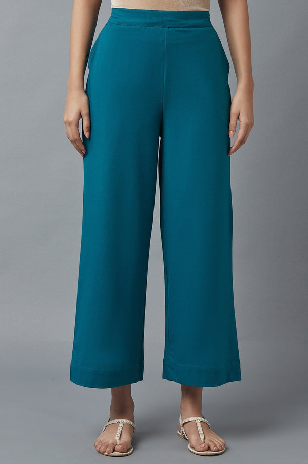 Teal Green Solid Straight-fit Cotton Palazzo with Side Pockets