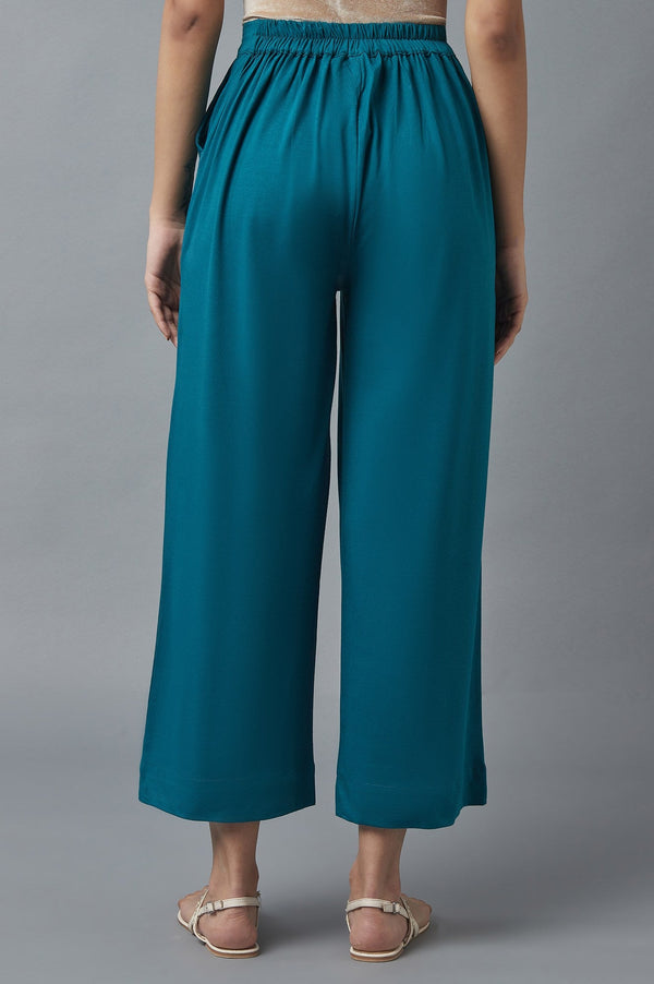 Teal Green Solid Straight-fit Cotton Palazzo with Side Pockets