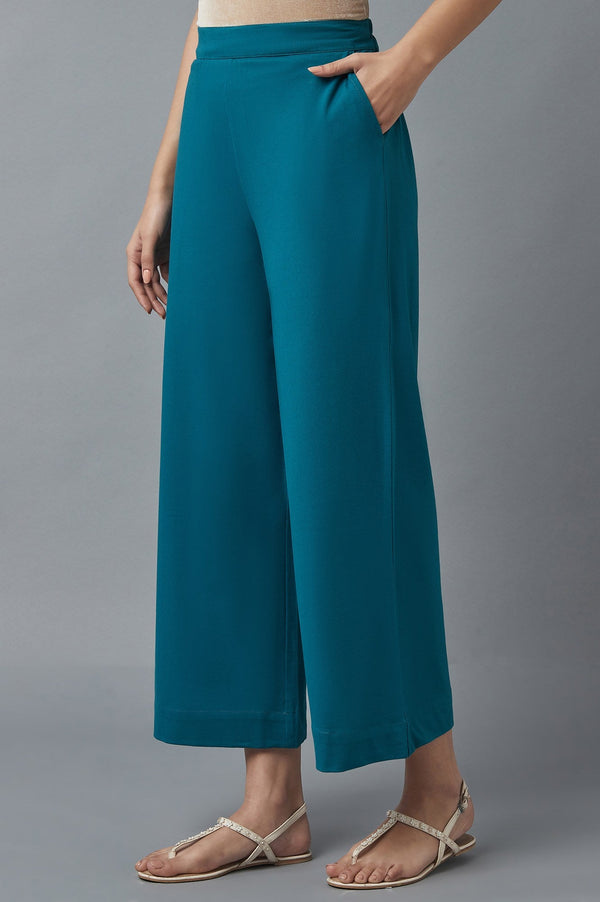 Teal Green Solid Straight-fit Cotton Palazzo with Side Pockets