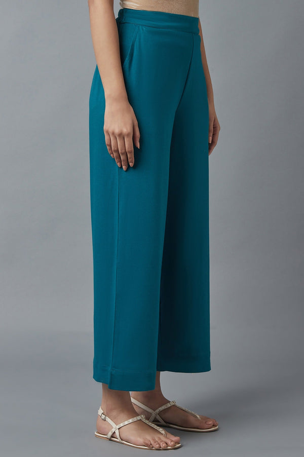Teal Green Solid Straight-fit Cotton Palazzo with Side Pockets