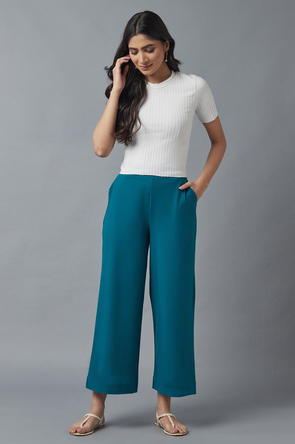 Teal Green Solid Straight-fit Cotton Palazzo with Side Pockets