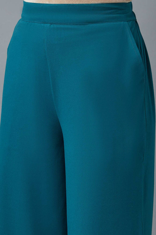 Teal Green Solid Straight-fit Cotton Palazzo with Side Pockets