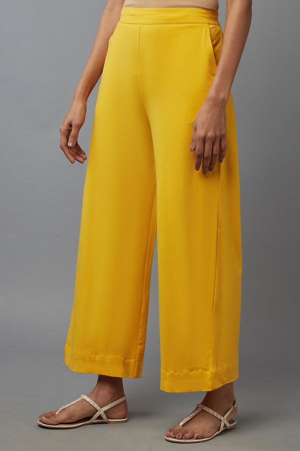 Yellow Solid Straight Fit Cotton Palazzo With Side Pockets