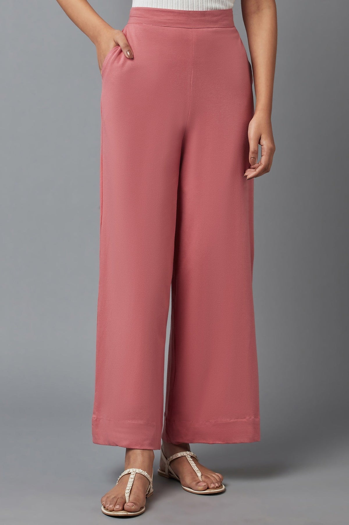 Rose Pink Solid Wide-leg Cotton Palazzo with Elasticated Waist - XS