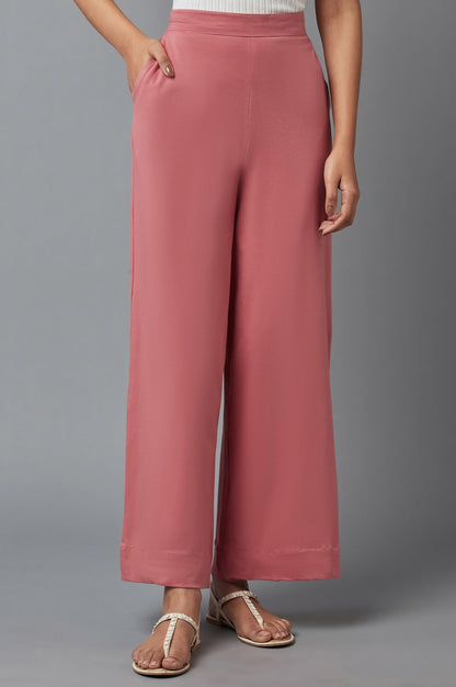 Rose Pink Solid Wide-leg Cotton Palazzo with Elasticated Waist