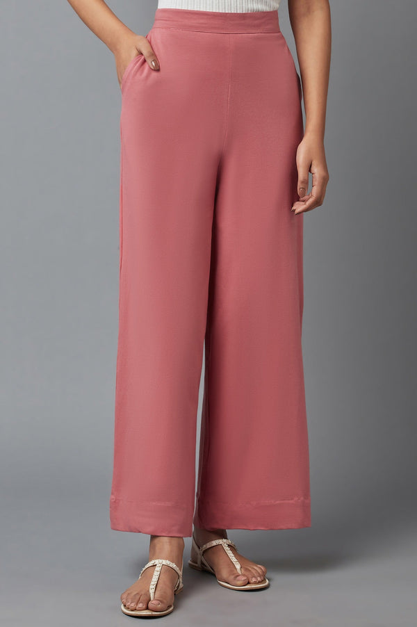 Rose Pink Solid Wide-leg Cotton Palazzo with Elasticated Waist