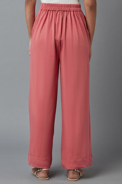 Rose Pink Solid Wide-leg Cotton Palazzo with Elasticated Waist