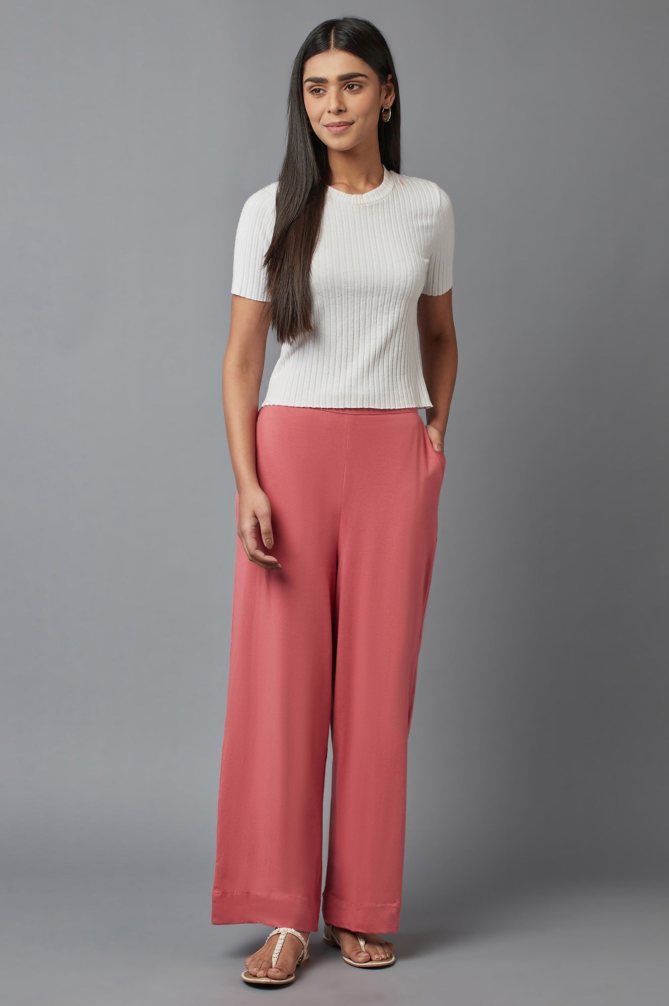 Rose Pink Solid Wide-leg Cotton Palazzo with Elasticated Waist