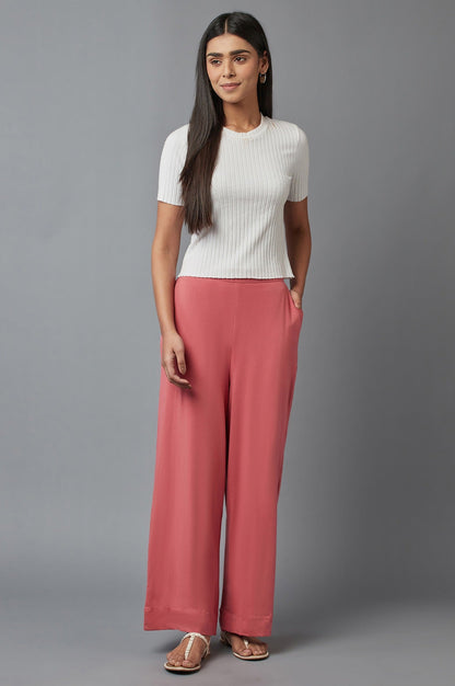 Rose Pink Solid Wide-leg Cotton Palazzo with Elasticated Waist