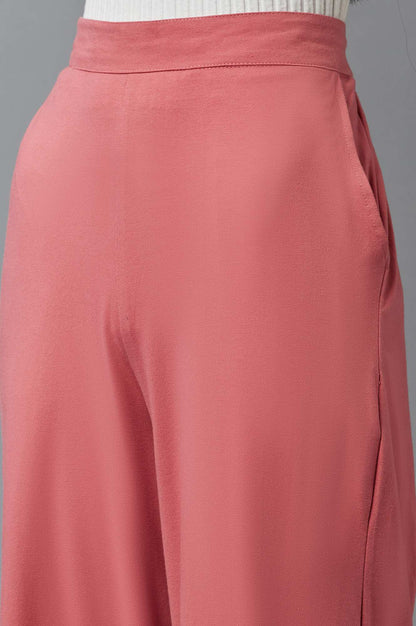 Rose Pink Solid Wide-leg Cotton Palazzo with Elasticated Waist