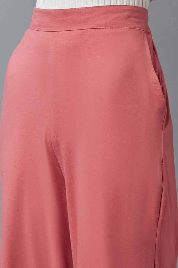 Rose Pink Solid Wide-leg Cotton Palazzo with Elasticated Waist