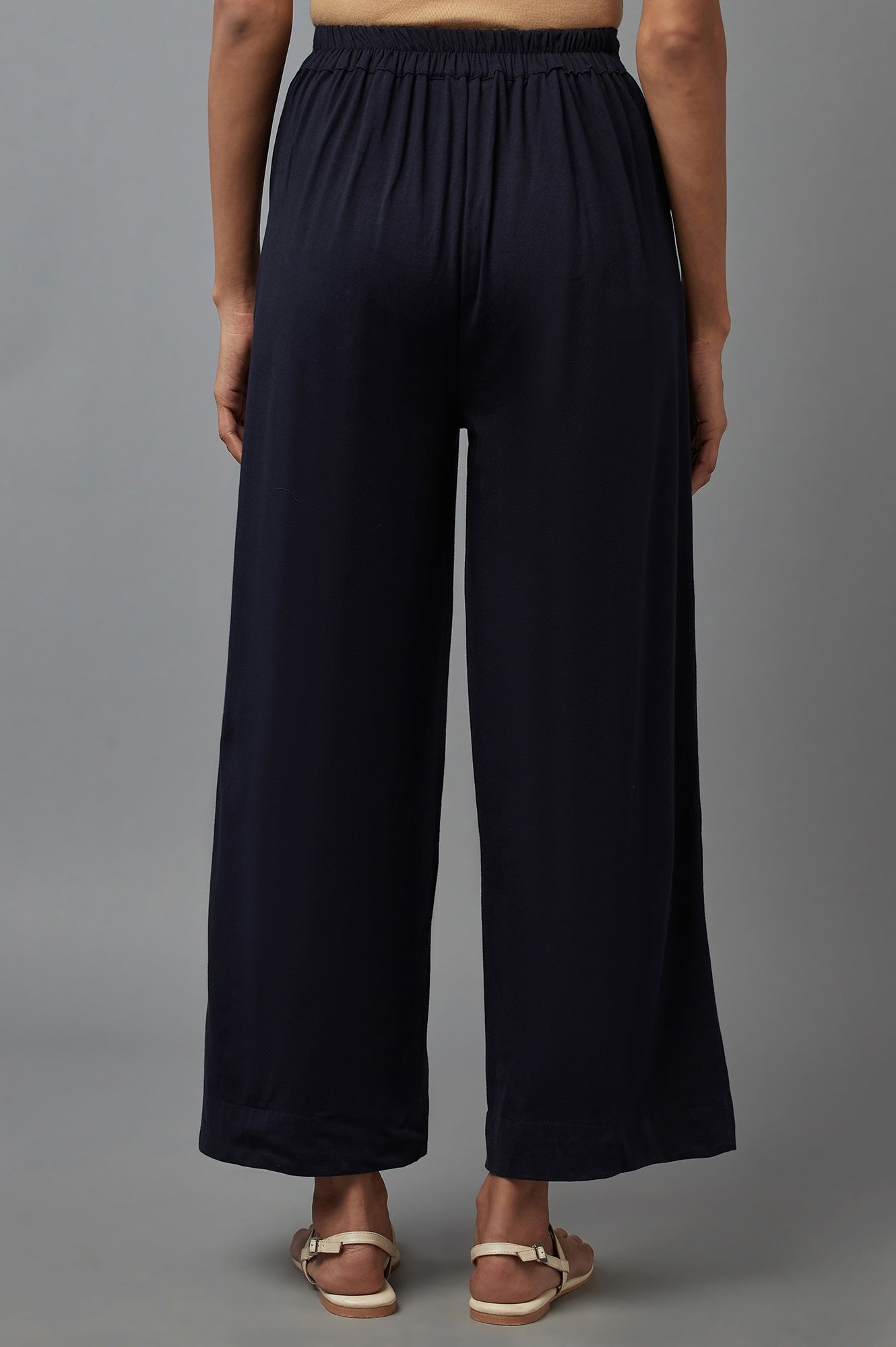 Navy Blue Solid Straight Fit Cotton Palazzo With Side Pockets