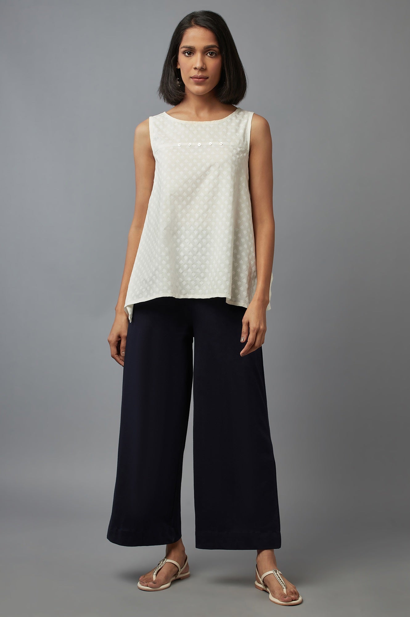 Navy Blue Solid Straight Fit Cotton Palazzo With Side Pockets